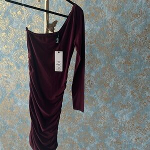 bobi Asymmetric One-Shoulder Ruched Dress in Burgundy
